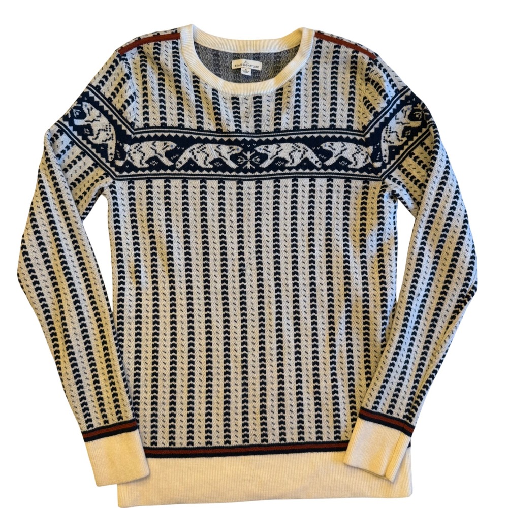 L.L. Bean Signature Merino Wool Sweater Women's S Blue White Fair Isle Crewneck